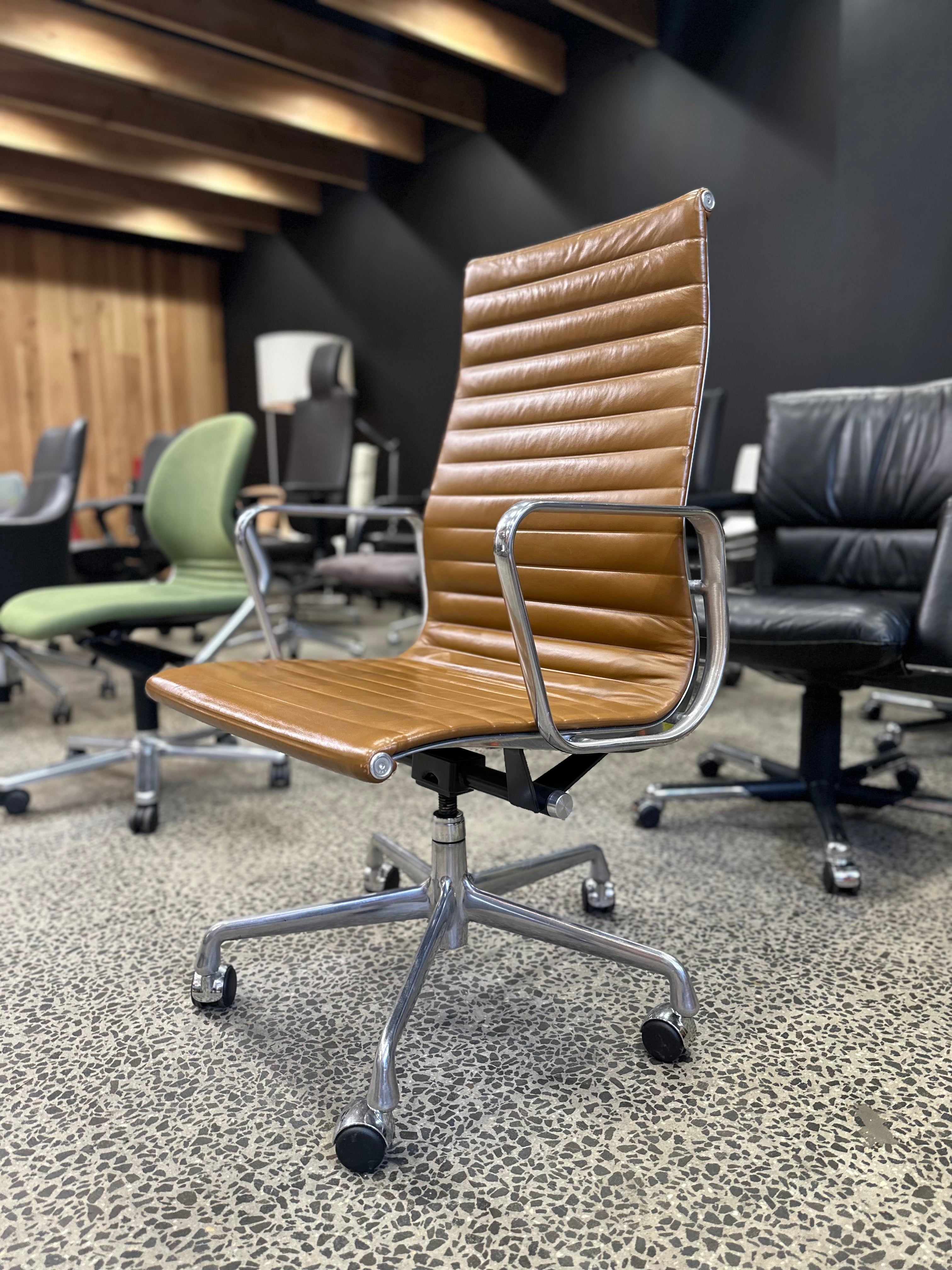 Herman Miller Eames Aluminium Group Management Chair High back Verified Authentic Tan Brown Leather Ray and Charles Eames Chairhub North Melbourne Australia Premium Original Executive Luxury Chairs