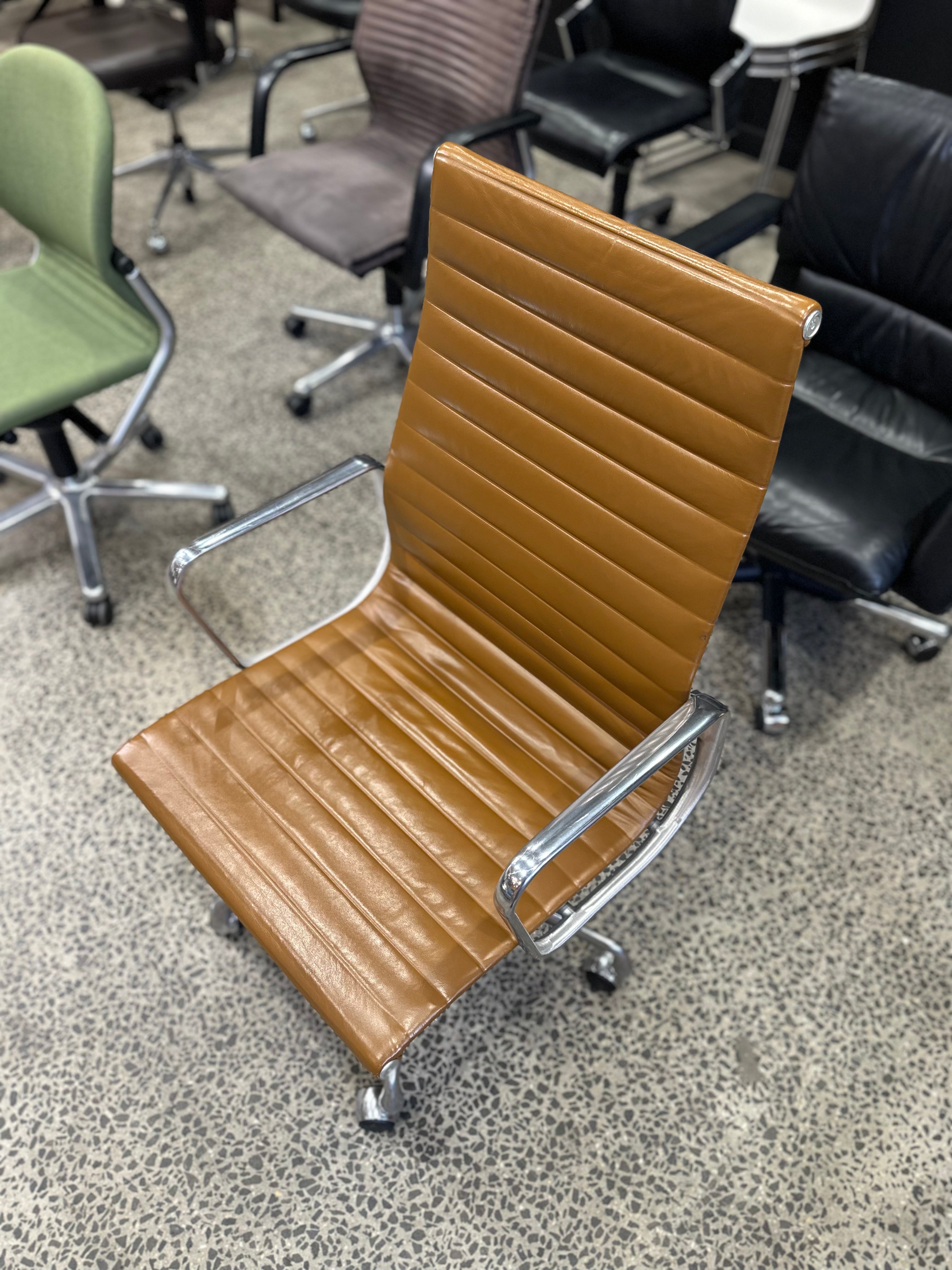 Herman Miller Eames Aluminium Group Management Chair High back Verified Authentic Tan Brown Leather Ray and Charles Eames Chairhub North Melbourne Australia Premium Original Executive Luxury Chairs