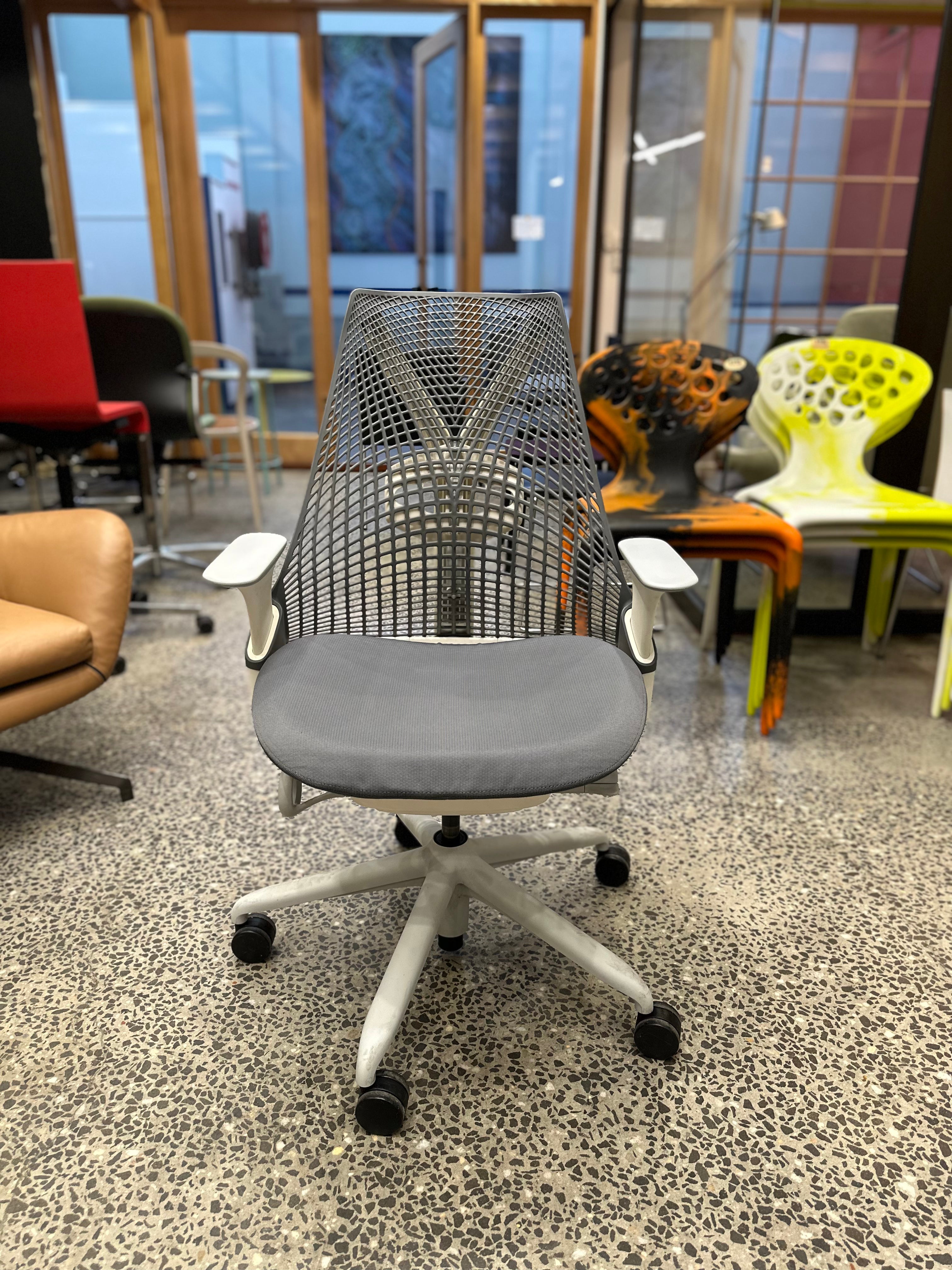 Herman Miller Sayl Chair w/ Adjustable Lumber Grey Back White frame Verified Authentic - The Chair Co.