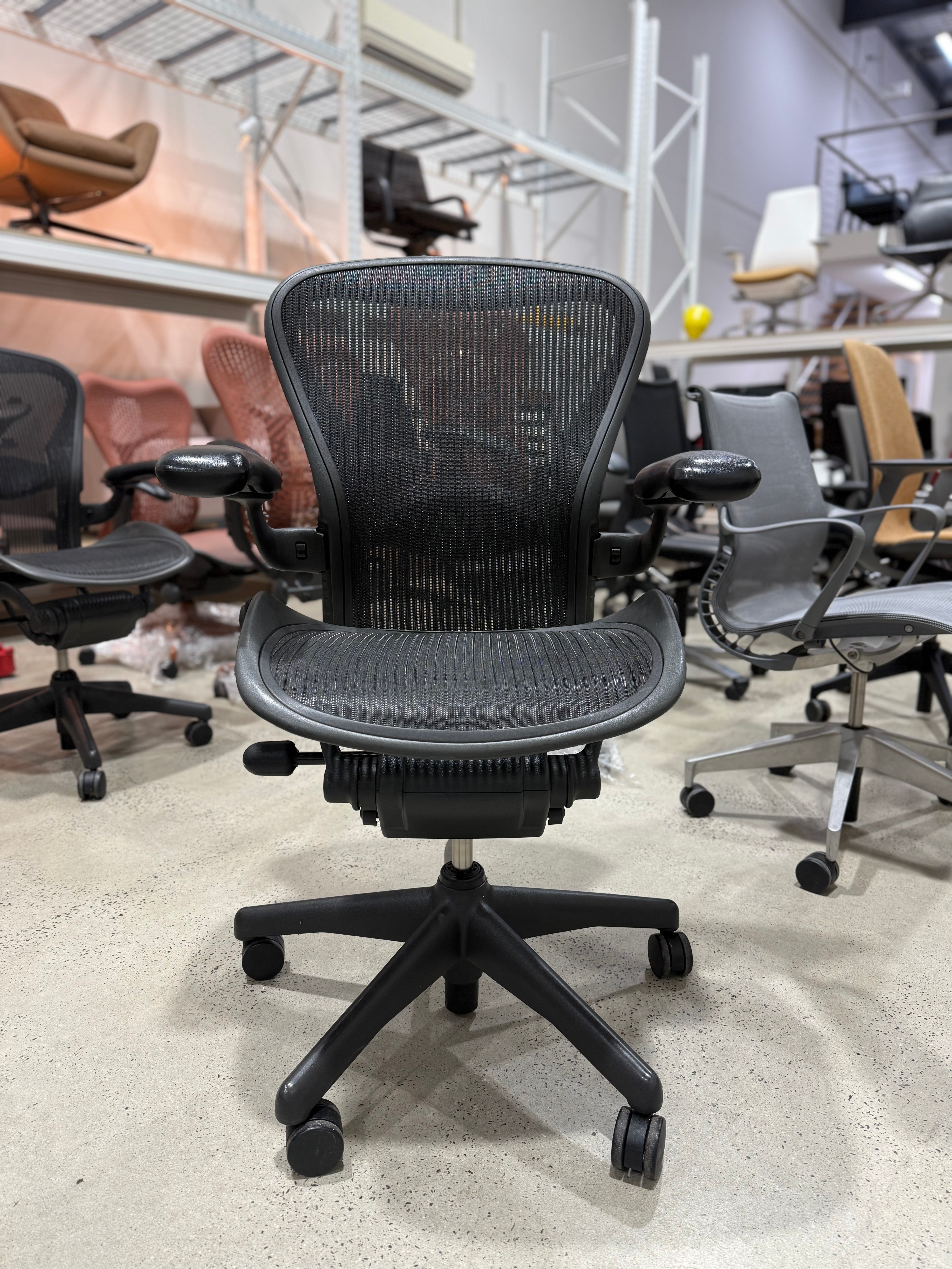 Herman Miller Aeron Chair Classic Size B A C best ergonomic designer chair in the world Vitra Steelcase Wilkhahn Zody Fern Leap Gesture adjustable architecture architect interior design modern MCM vintage Scandinavian made in USA gaming true premium laptop games iPad iPhone corporate business melbourne Sydney Brisbane Adelaide  Australia Chairhub Collingwood Fitzroy