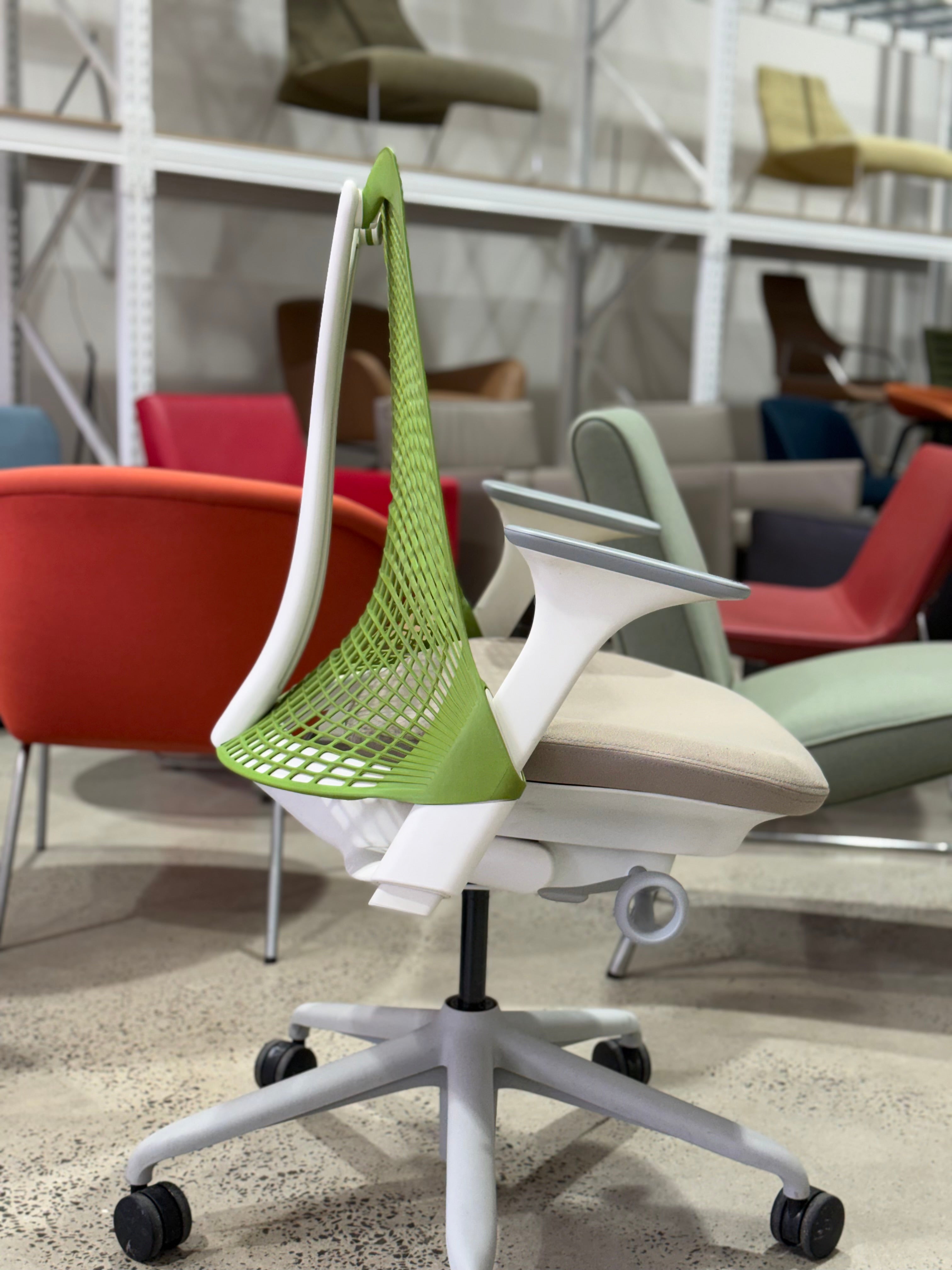 Chairhub Designer Ergonomic Office Furniture and Chair Shop in Collingwood Authentic Herman Miller Sayl Ergonomic Designer Office Chairs Serviced • Professionally Cleaned • Commercial Grade Ergonomic Seating Brand: Herman Miller Model: Sayl Task Chair Designer: Yves Béhar Melbourne Sydney Adelaide Brisbane Australia White Green Grey Lighter light Colour Arm Armrest refurbished used new second hand buy corporate office meeting lumber support