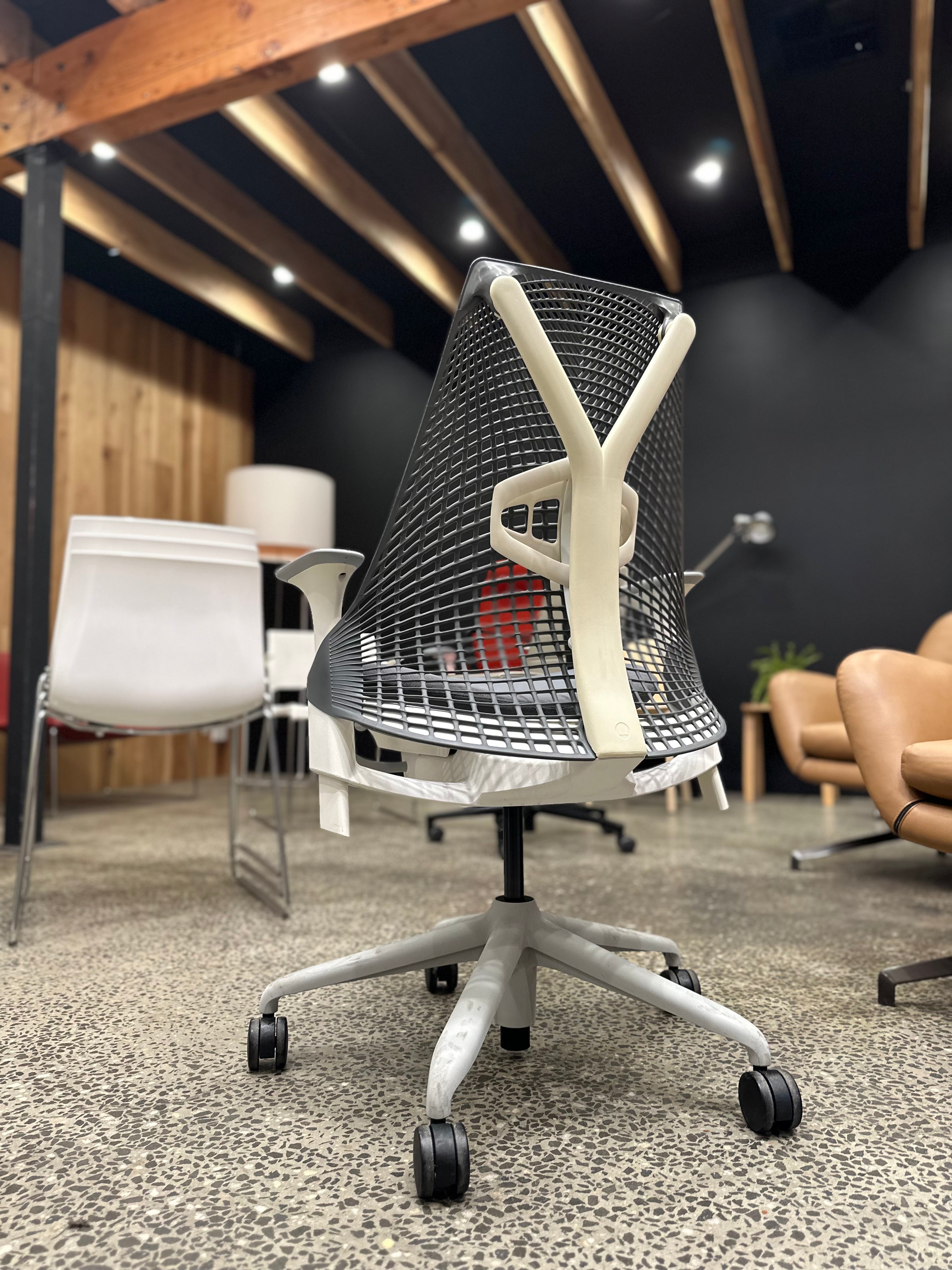 Herman Miller Sayl Chair w/ Adjustable Lumber Grey Back White frame Verified Authentic - The Chair Co.